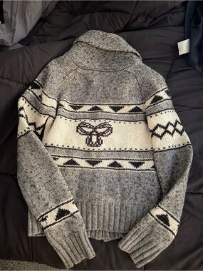 TNA Grey and Cream Patterned Shawl-Collar Cardigan